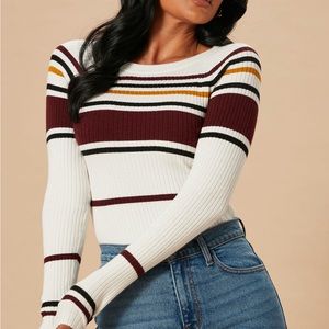 Fashion Nova Striped Crew Neck Sweater - White, Burgundy, Yellow